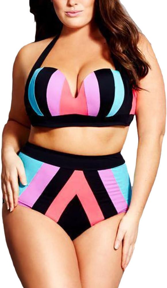 Women's Strapped Splice Plus Size High Waist Bikini Swimsuit (XXXXL)