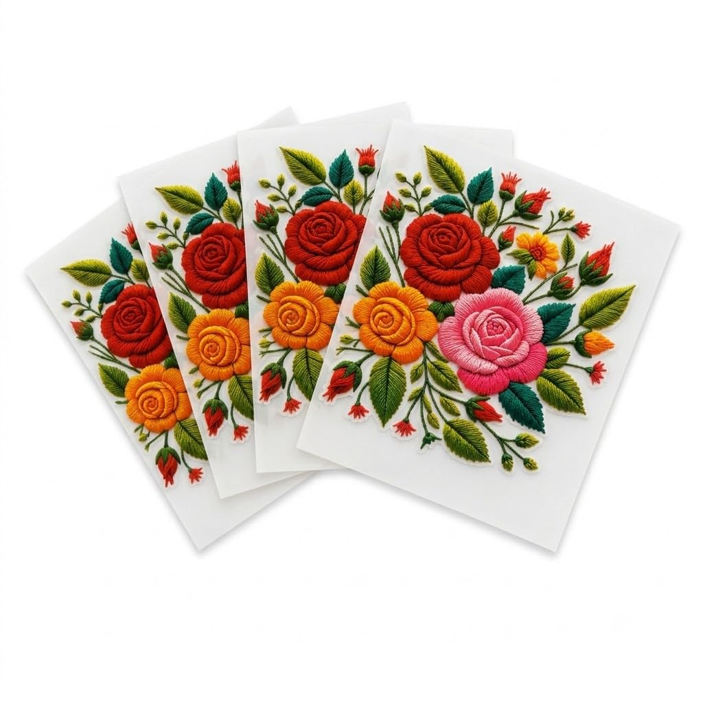 Iron-On DTF Heat Transfer Stickers Embroidered Floral Bouquet Pack of 4 | 5.5 Inches Each, Wash Durable, Strong Adhesion, DIY & Branding Use, Multi-Fabric Compatible-image-2