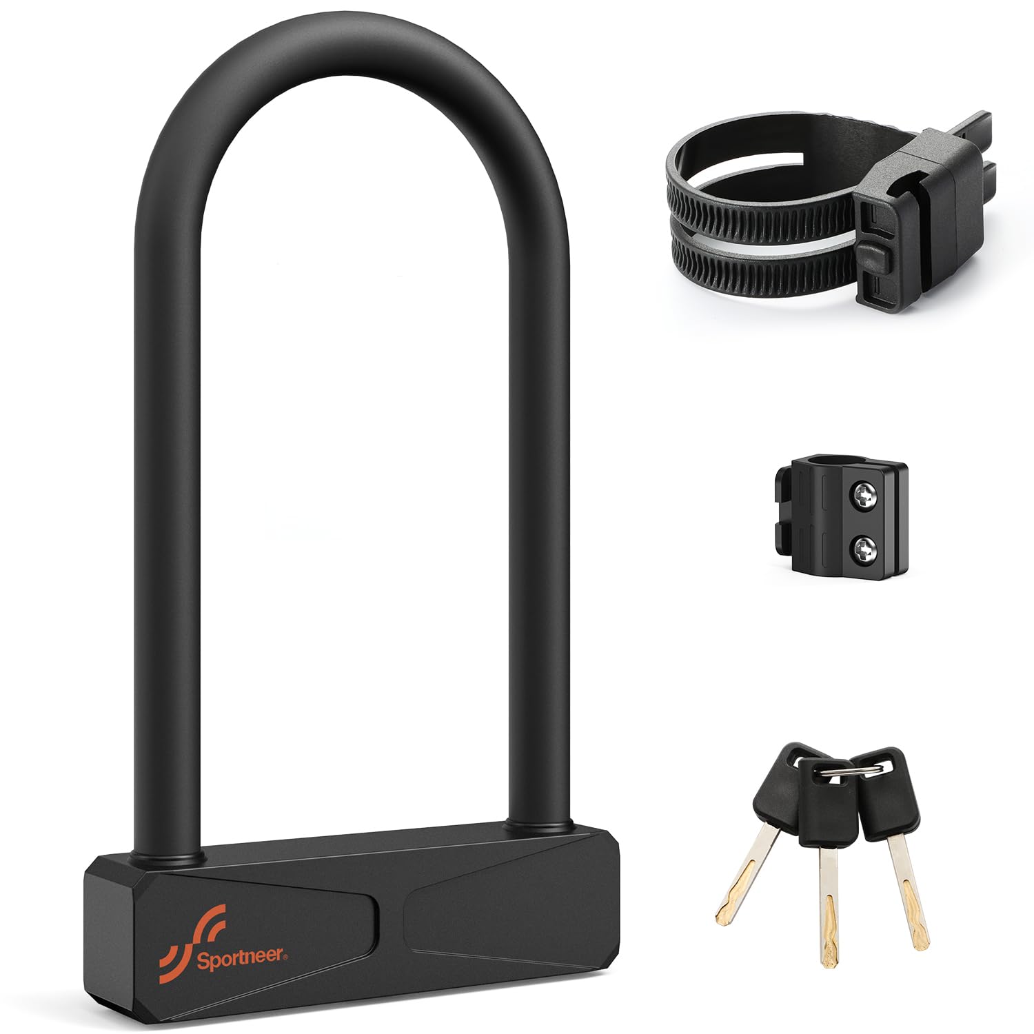 Sportneer Bike Lock - 16mm Shackle Heavy Duty Anti Theft Bike U Lock with 3 Keys - Bicycle U-Locks with Sturdy Mounting Bracket for Bike Scooter Gate, Size 10.35''x6.1'', Weight 2.45lbs