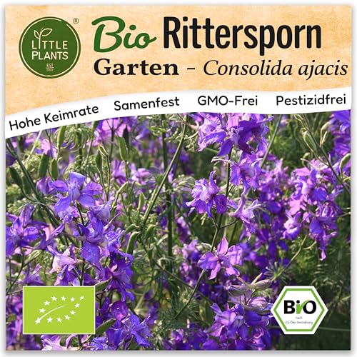 Little Plants BIO Rittersporn Samen 100 Ritterspornsamen Delphinium Blumensamen Samenfest für Blumengarten Blumen Saatgut Balkon und Garten