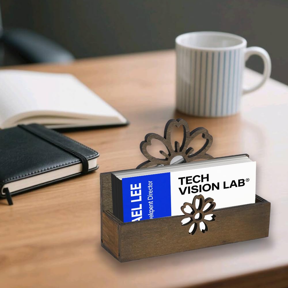 2 soportes para tarjetas de visita con flores para escritorio, soporte de madera para tarjetas de visita, soporte de madera para tarjetas de nombre, organizador de tarjetas de escritorio