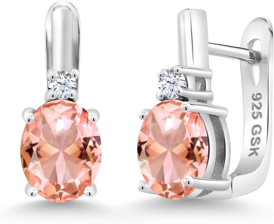 Gem Stone King 4.10 Cttw Peach Nano Morganite and White Zirconia Earrings For Women | 925 Sterling Silver | Gemstone October Birthstone | Oval 9X7MM