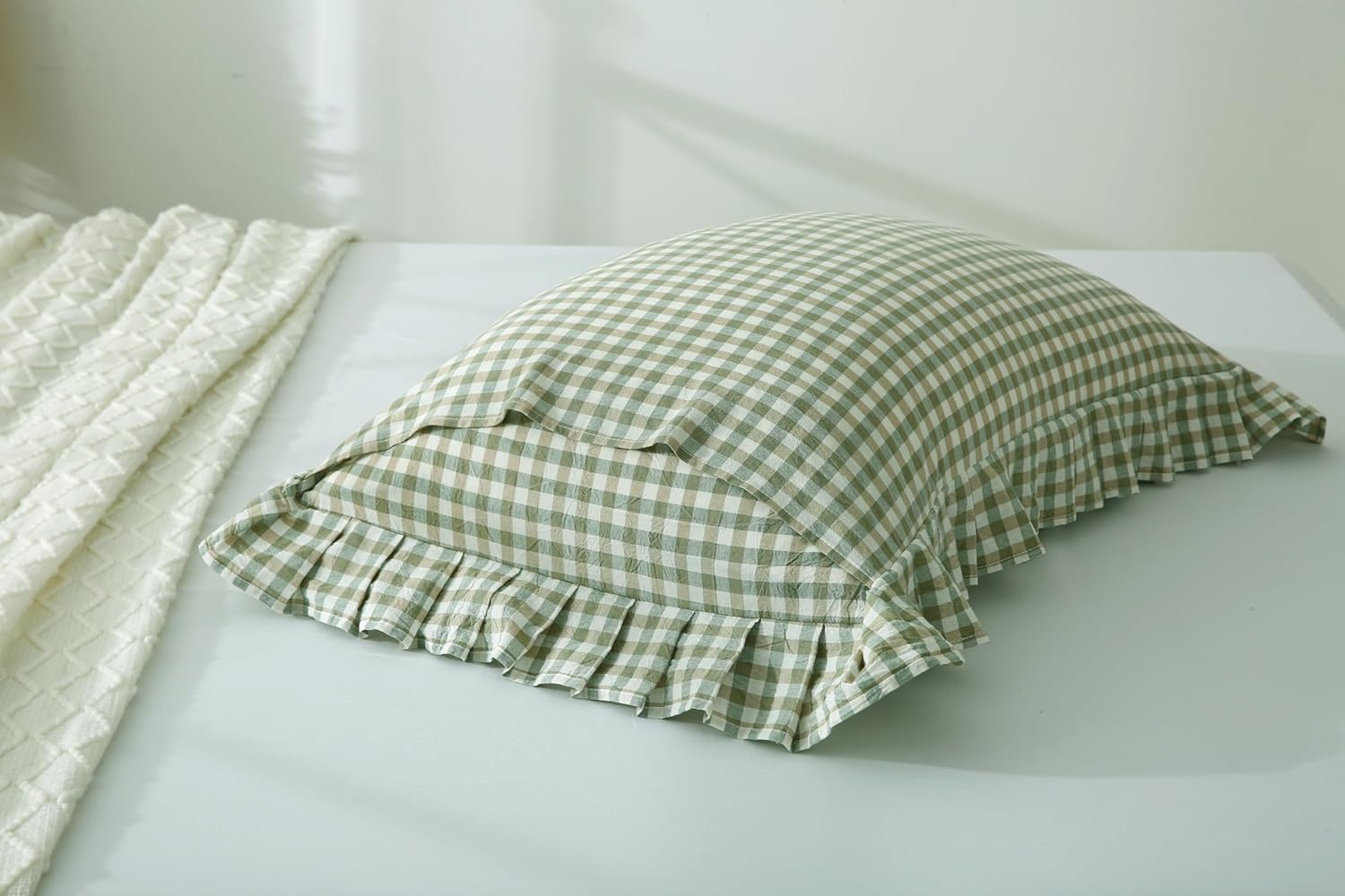 Sage Green White Plaid Ruffles Euro Shams 26"X26" 1 Pair and Standard Size Pillow Shams 26"X20"1Pair