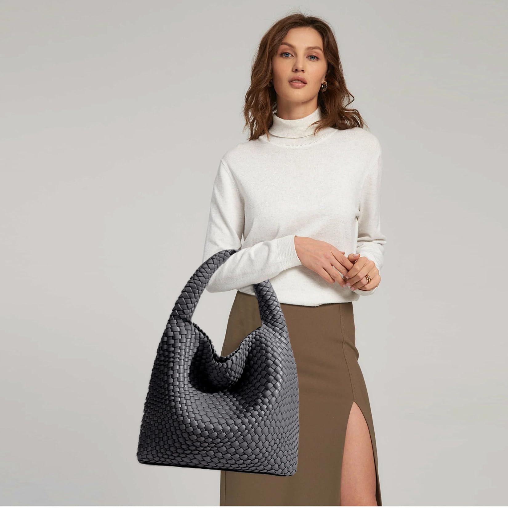 Women Vegan Leather Hand-Woven Tote Handbag Fashion Shoulder Top-handle Bag All-Match Underarm Bag with Purse