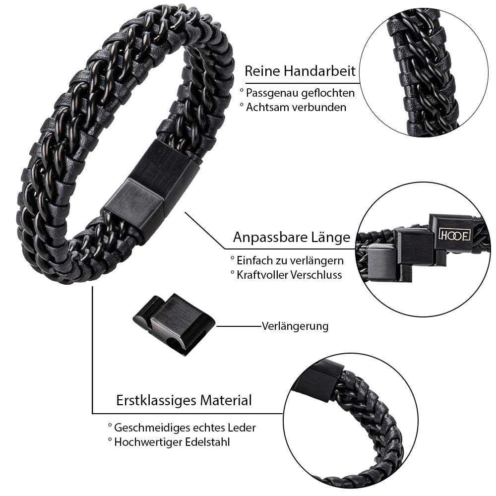 HOOF Bracelet pour homme - En cuir véritable et acier inoxydable - Bracelet tressé - Boîte élégante - Rocker, motard, viking, gothique, punk, amis