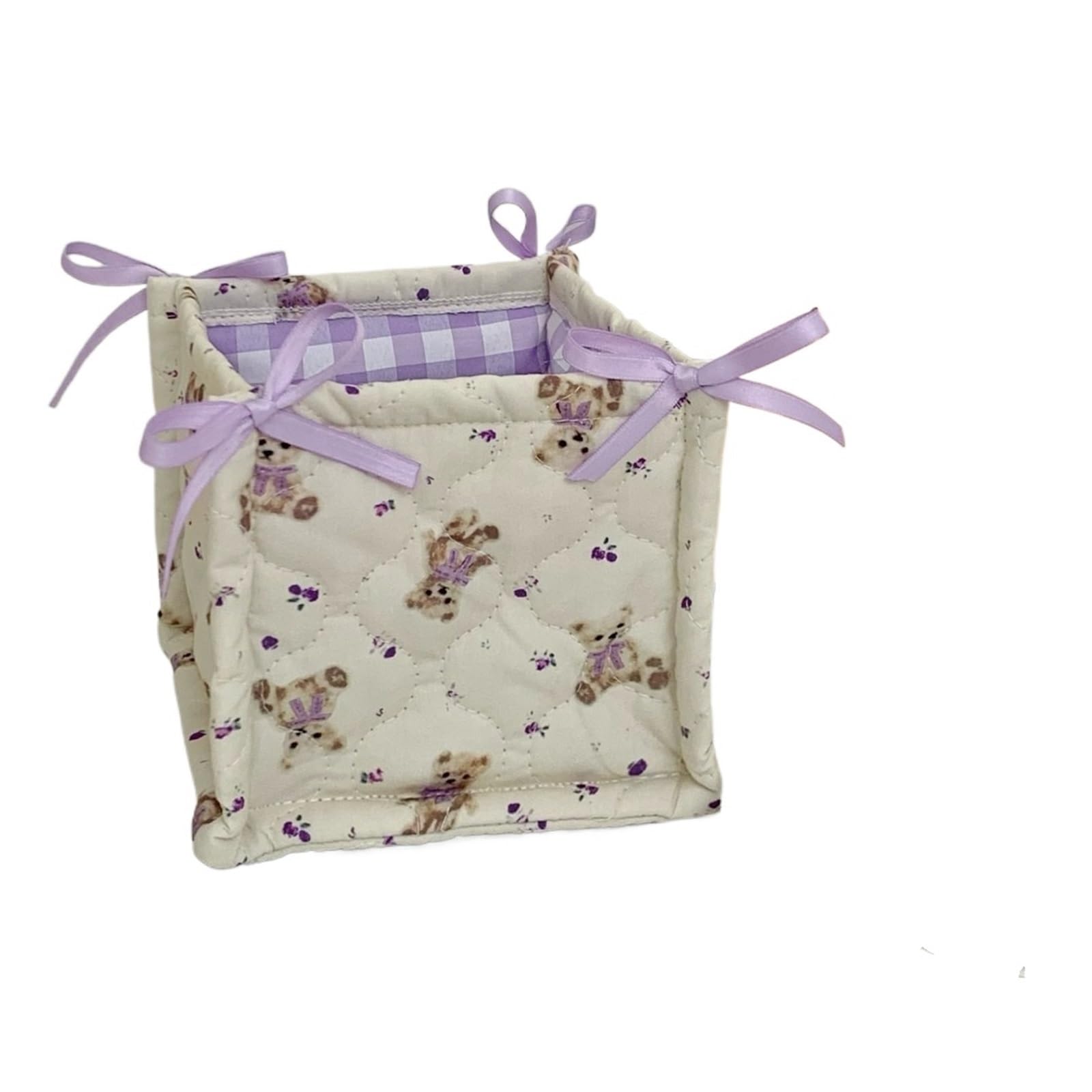 Fabric Storage Basket Cute Quilting Cotton Storage Box Bear Pattern High-capacity Desktop Basket Cartoon(Purple Bear S)