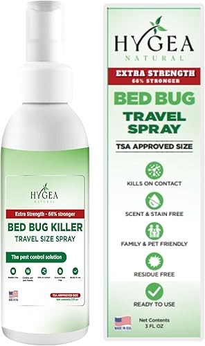 Hygea Natural Spray de viaje natural extra fuerte para chinches y ácaros, tamaño aprobado por la TSA, apto para niños y mascotas, sin manchas y