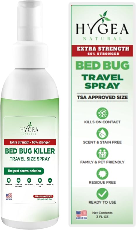 Hygea Natural Extra Strength Bed Bug & Mite Natural Travel Spray,TSA Approved Size, Child & Pet-Friendly, Stain & Odor Free, for Hotel, Suitcase, Backpack, Shoes, 66% Stronger Natural Formula(3oz) Hygea Natural Extra Strength Bed Bug & Mite Natural Travel Spray,TSA Approved Size, Child & Pet-Friendly, Stain & Odor Free, for Hotel, Suitcase, Backpack, Shoes, 66% Stronger Natural Formula(3oz)