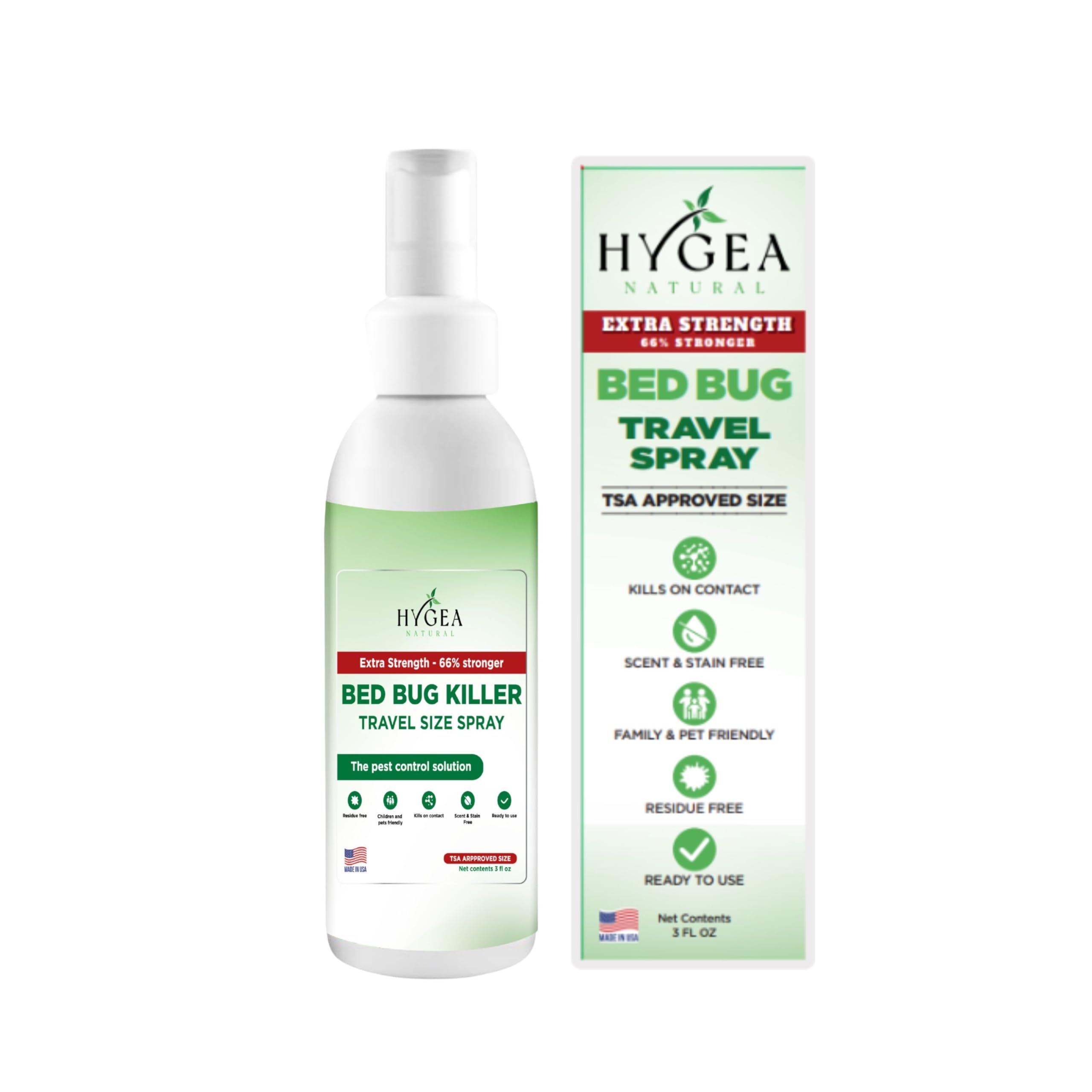Hygea Natural Bed Bug & Mite Extra Strength 3oz Travel Spray –TSA approved - New Formula 66% Stronger- Stain & Scent Free Treatment – Formula - Child & Pet Safe