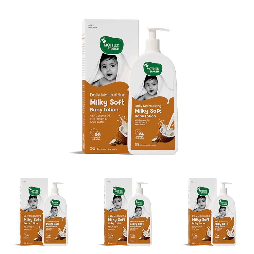 mother sparsh milky baby lotion-400ml | extra gentle moisturizer hypoallergenic & ph balanced | with milk protein, coconut oil & shea butter | no parabens, no mineral oil | safe for newborns