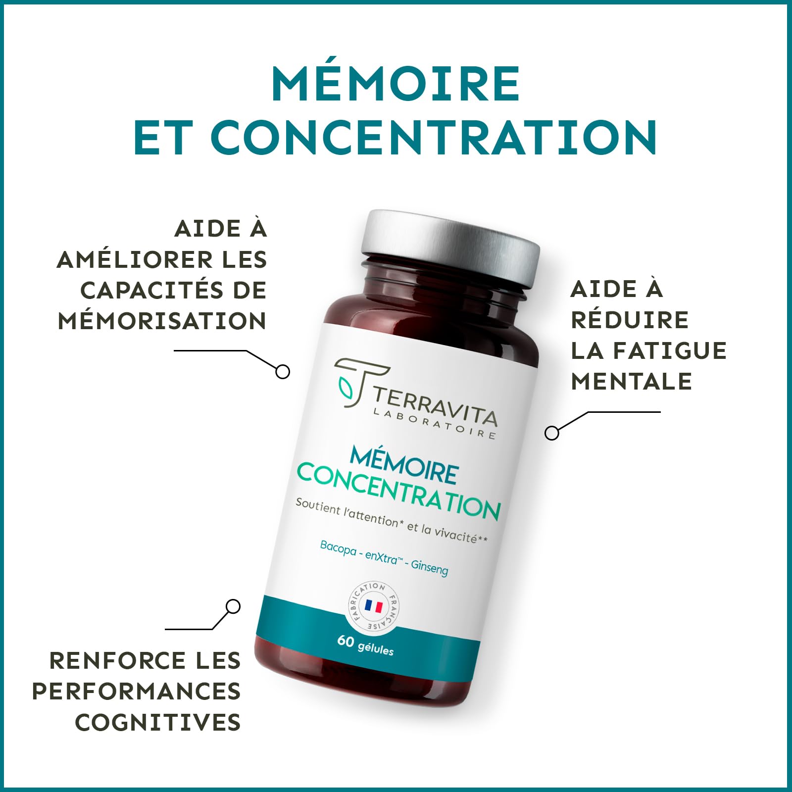 Mémoire Concentration | Ginseng Rouge de Corée + Bacopa + Actif Breveté EnXtra | 5 Heures de Vivacité et de Clarté Intellectuelle | Nootropique sans Caféine | 60 Gélules | Made in France | Terravita