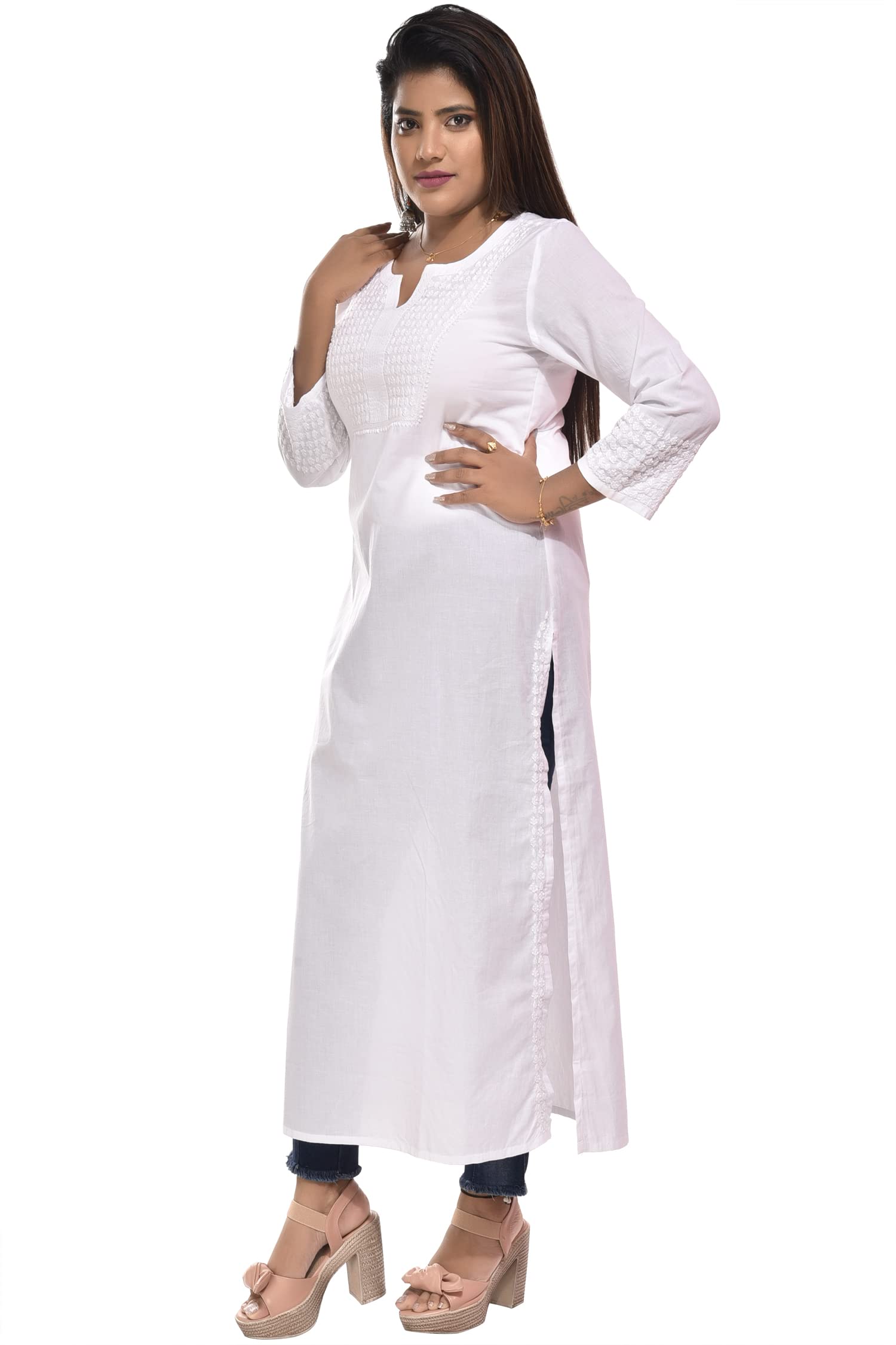 Indian Hand Embroidered Women's Traditional Lucknowi Chikankari Model-301 Straight Cotton Kurti Color White