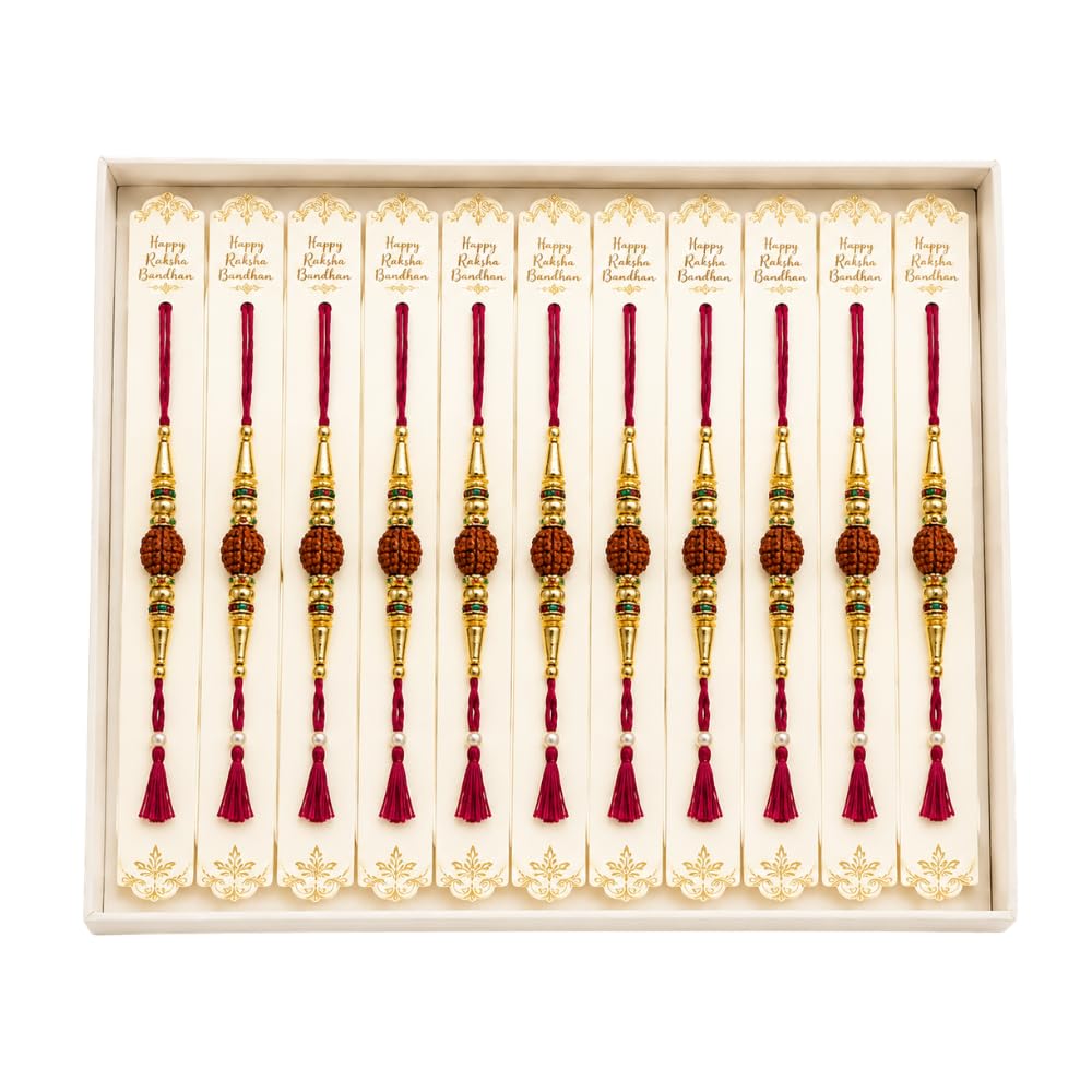 Rudraksha Rakhi Set of 12 with Gold Beads and Maroon Tassel-image-19