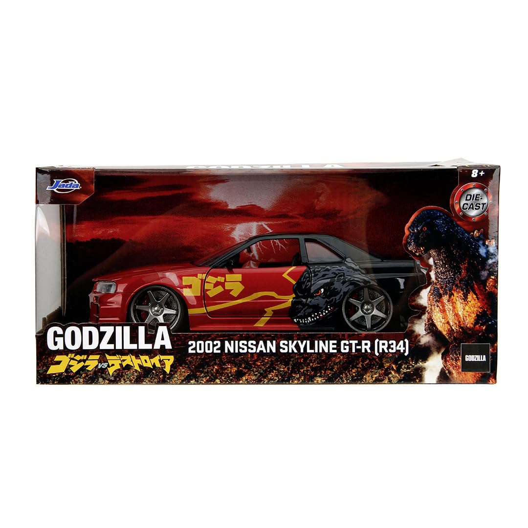 Jada Toys Godzilla model samochodu Nissan Skyline GT-R (R34) 2002 - Godzilla vs. Destoroyah zabawkowy samochód z metalu z częściami do otwierania, skala 1:24 (19 cm), dla fanów i kolekcjonerów od 8
