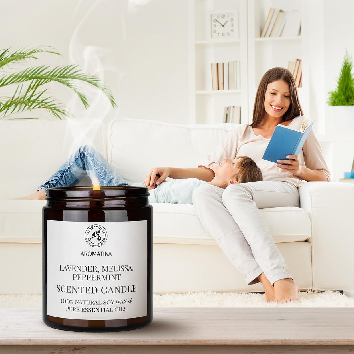 Scented Candle with Essential Oils - Lavender/Lemon Balm/Peppermint - Soy Wax Candles - Aromatherapy Candle - Soywax 150g - Up to 45 Hours Burn Time - Home Scented Candles - Glass Candle Gift