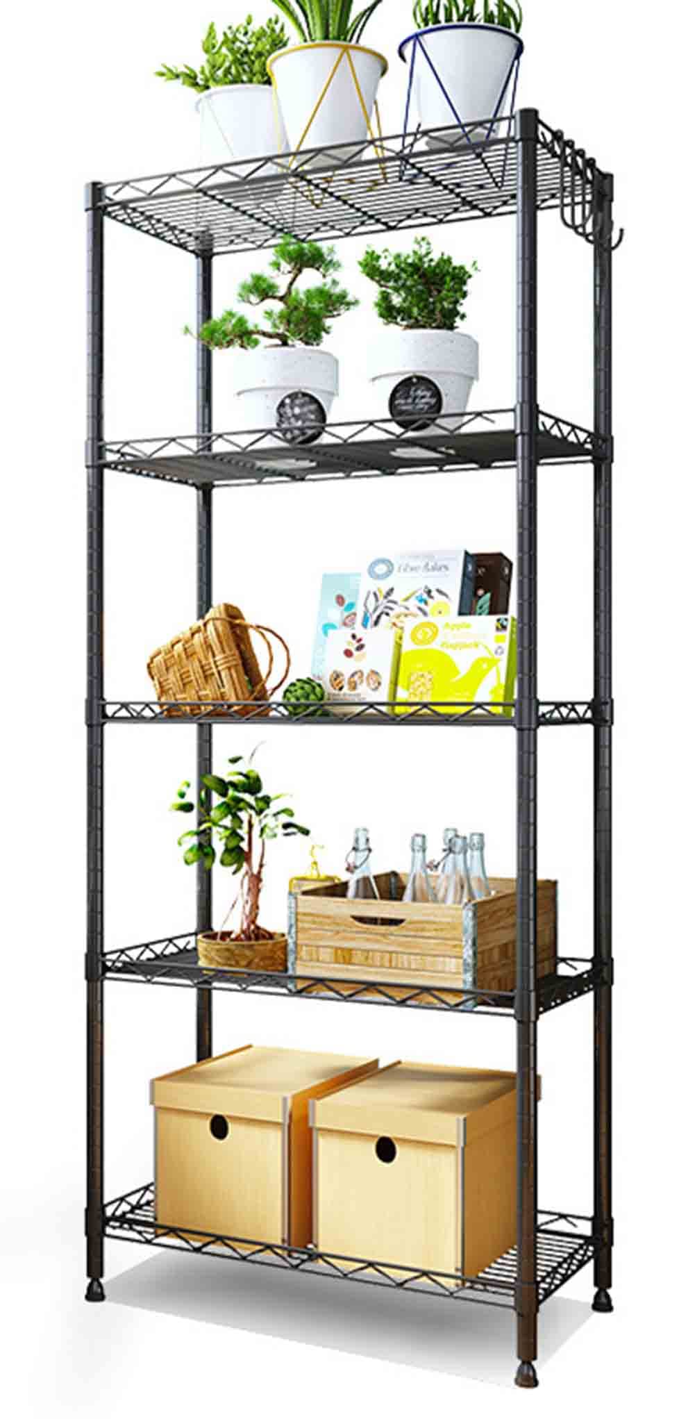 RUQIWEMI 5-Tier Shelf Shelving Storage Unit Metal Organizer Wire Rack Carbon Steel Kitchen Stand Storage Shelf (Black,5-Tier)