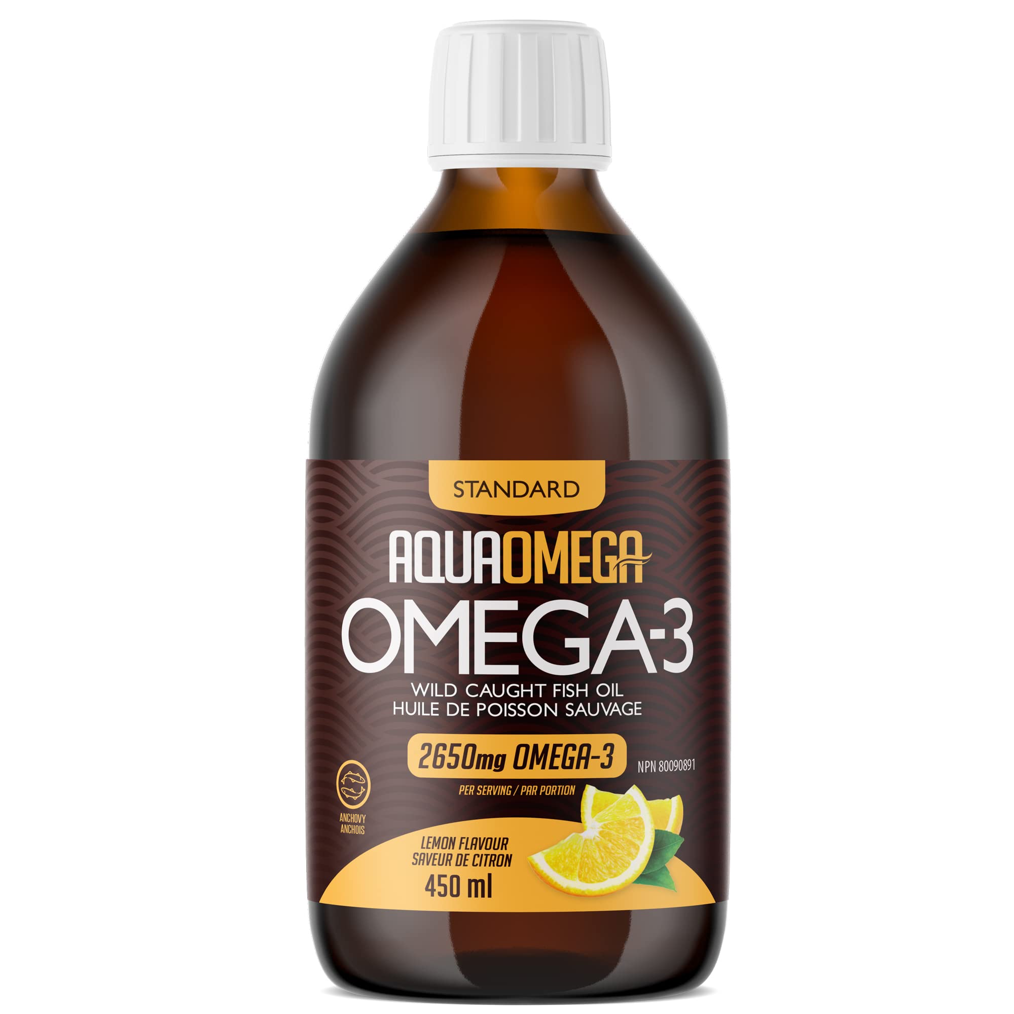 AQUA OMEGA Suplemento de Ômega-3 em óleo com EPA 2.000 mg, DHA 650 mg e vitamina D 1.000 UI, sabor limão, 450 mL
