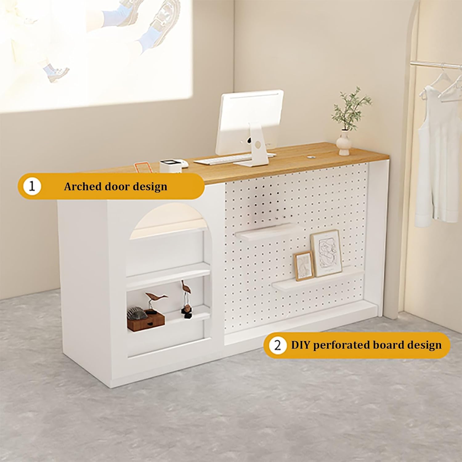 Reception Desk with Counter, Front Desk Reception Table, Retail Counter with Perforated Board Storage, Checkout Counter Table with Lockable Drawer, Reception Room Table(White A,90cm/35.4in)