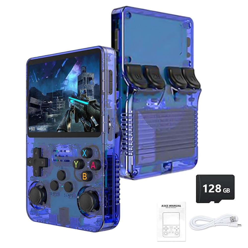 R36S Retro Handheld Game Console - 21,000+ Classic Games, 3.5" IPS Screen, 64GB/128GB, Portable Linux Gaming Device (128g-blue)