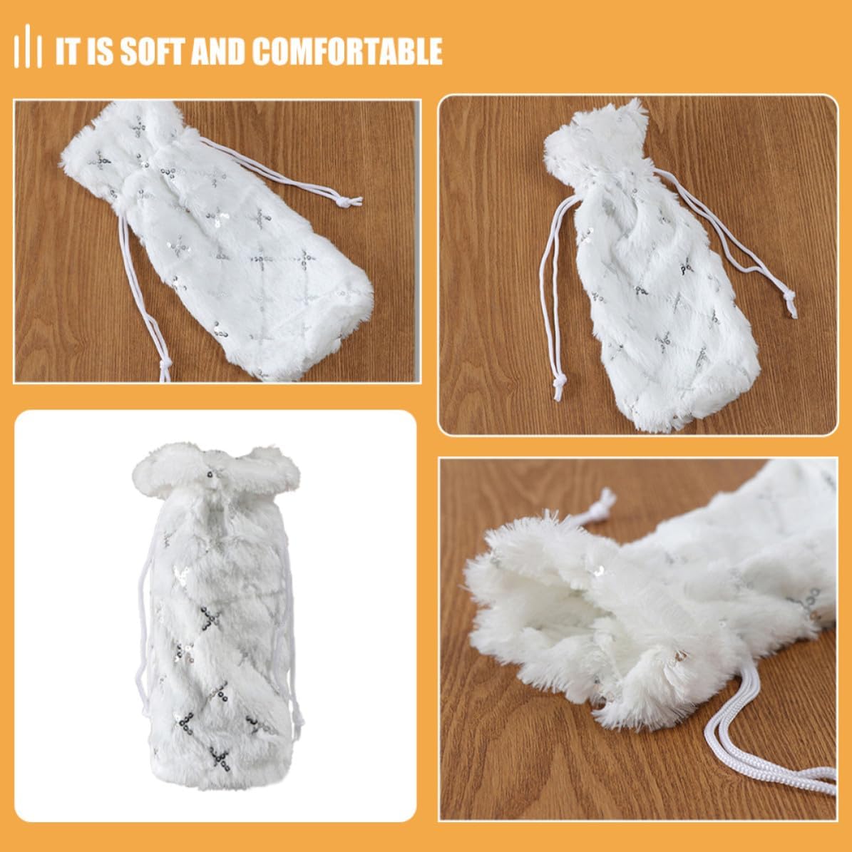 Ciieeo Bottle Function Christmas Cover Faux White Drawstring Fur Wine Bag, Polyester Material with Protective Elegant Design and Festive Bottles for Holiday Table Decorations
