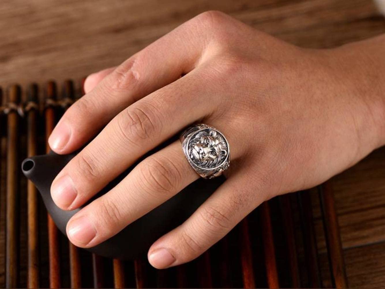 SIWAN Anillo Retro 925 Anillo de Plata Esterlina Cabeza de León Dominante Bestia Anillo Masculino1, 60mm