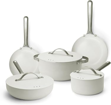 Alva Mobi 8-Pc Ceramic Coated Cookware Set, Recycled Aluminum Cannoli Cream | Recycled aluminum body, stainless steel handles, ceramic coated nonstick. Induction & oven-safe to 400F. Includes lids.