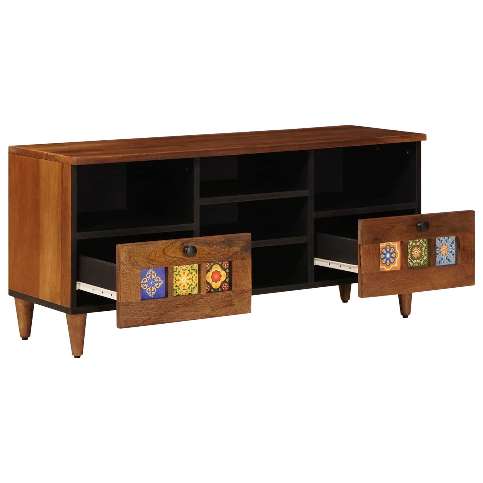 Szafka pod telewizor, orzech włoski, lite drewno mango z regałem 100 x 33 x 46 cm, 2 szuflady, regał Hifi do salonu, kina domowego, przechowywanie i porządek