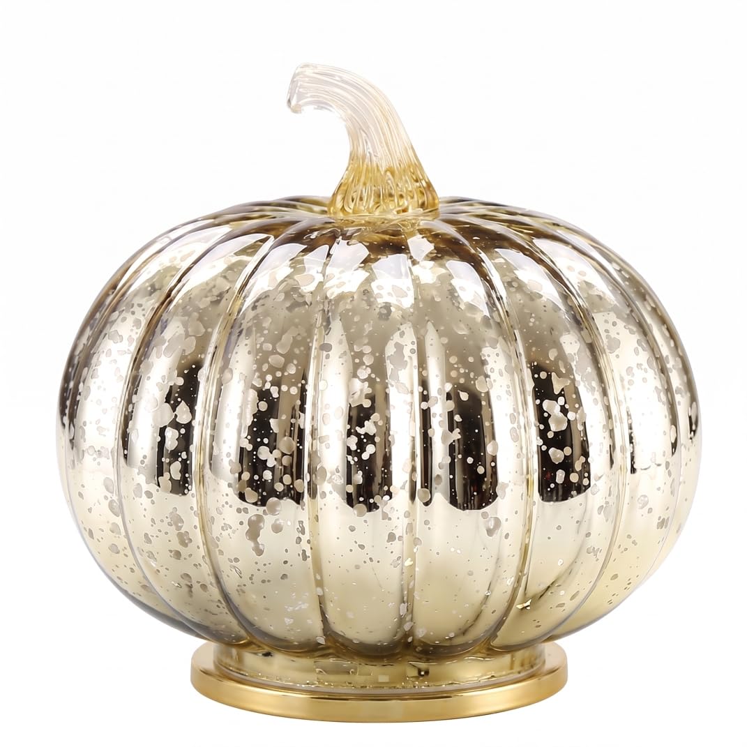 Xdyyjrasa Twinkling Pumpkins, Light Up Pumpkin Lamp, Realistic Glass Decor for Festive Home Ambiance, Gold