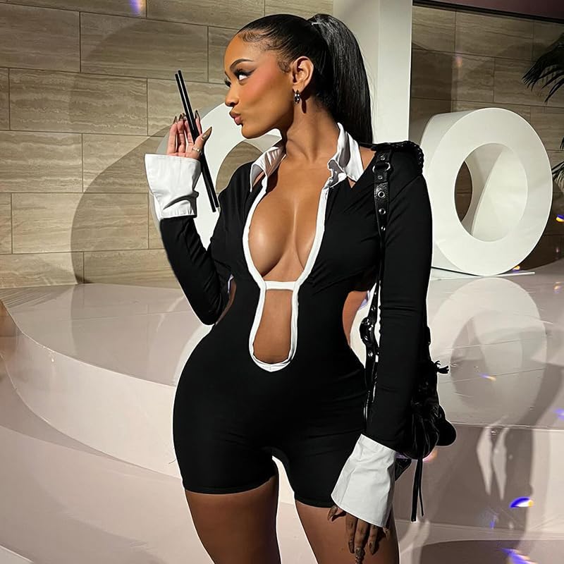 Molilove Women's Sexy Deep V Hollow Out Shirt Collar Long Sleeve Backless Strap Tight Jumpsuit Shorts Clubwear - Image 3