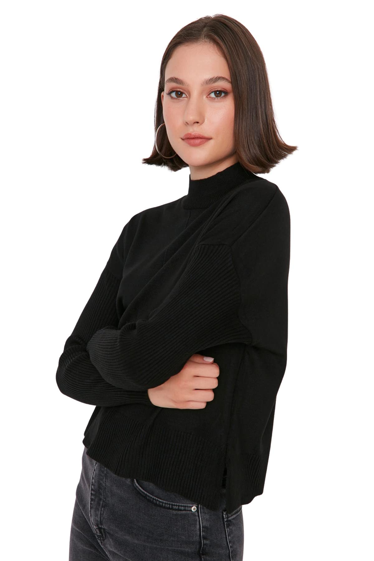 Trendyol FeMan Fitted Basic Standing Collar Knitwear Sweater Black