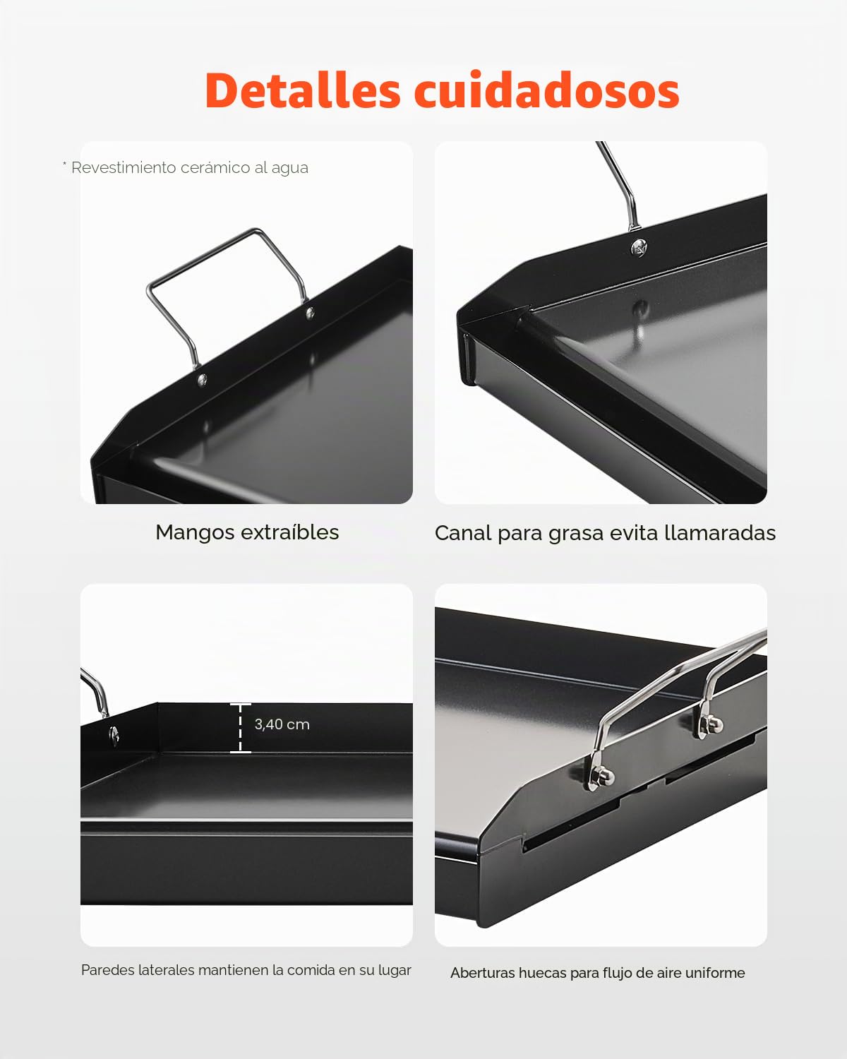VEVOR Parrilla de Acero al Carbono Universal Rectangular 605 x 360 mm con Superficie Plana Espaciosa, Plancha de Gas para Barbacoa, Teppanyaki, Utensilios de Cocina Familiares Portátiles con Asa