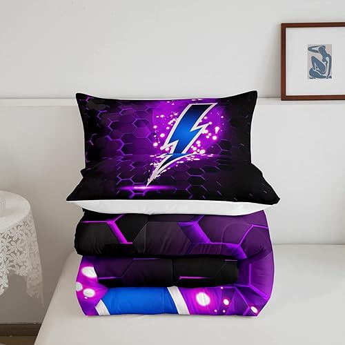 Miniatura 5 de Manfei Juego de edredón con diseño de rayo azul, tamaño individual, juego de edredón de geometría negra con colmena hexagonal con estampado de