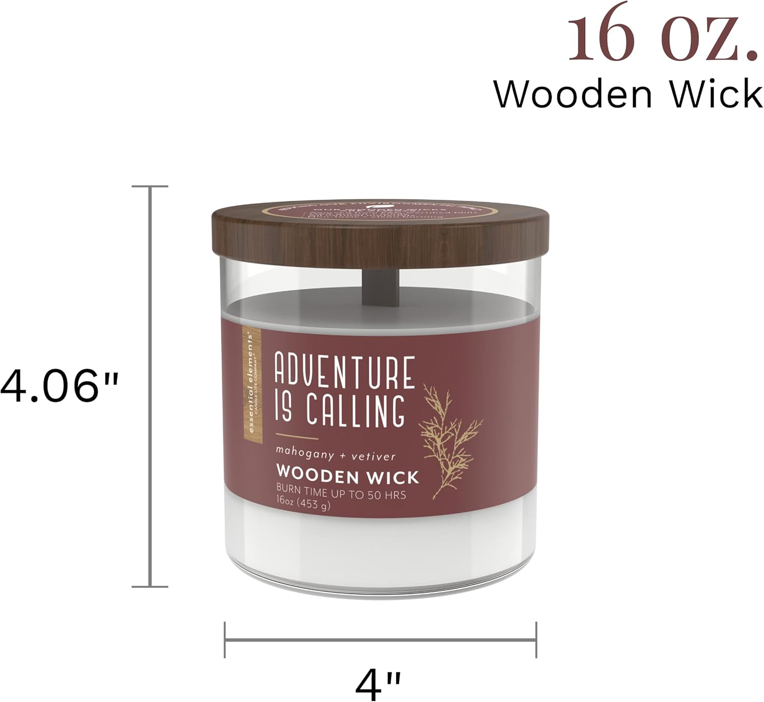 Essential Elements by Candle-lite Wood Wick Scented Candle, Adventure is Calling, One 16 oz. Single-Wick Aromatherapy Candle with 50 Hours of Burn Time, White