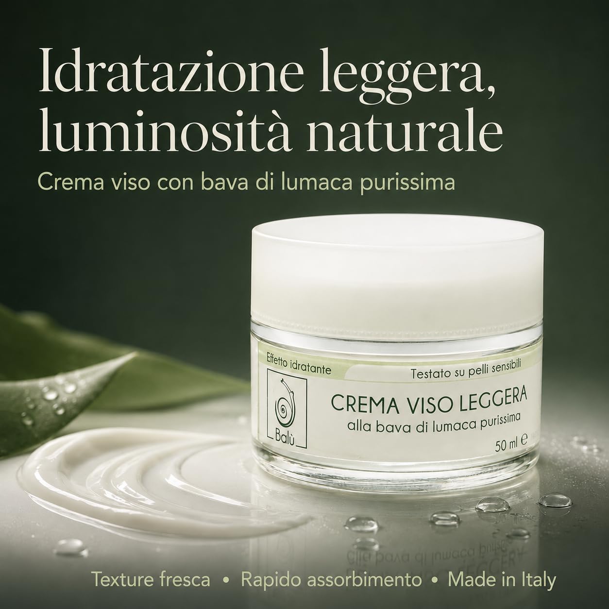 Balù Crema Viso Idratante Leggera alla Bava di Lumaca Purissima, Idratazione Intensa e Antirughe, Adatta per Donna e Uomo, Migliora le Imperfezioni delle Pelli Sensibili, Made in Italy, 50 ml
