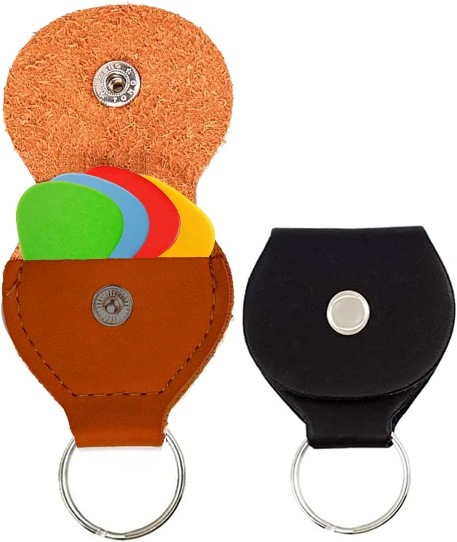 Performore Guitar Pick Keychain Holder, 2 Pcs Multicolor Leather Guitar Pick Holders with Metal Snap Closure, Store and Organize Music Accessories for Musicians