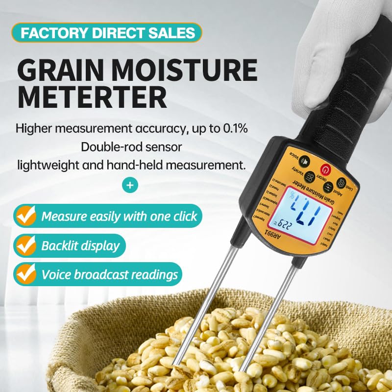 Tester di umidità per cereali, doppia sonda portatile con display retroilluminato, precisione 0,1% per 14 tipi tra cui grano, mais, riso, arachidi, 22,5 cm