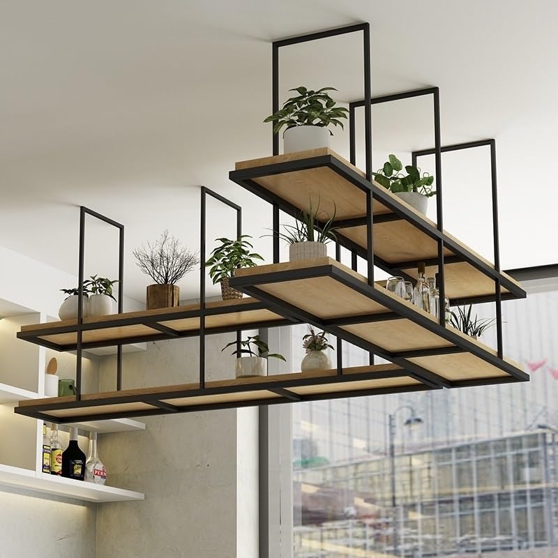 HDDNMLOH Retro Style 2 Tier Solid Wood Hanging Plant Stand Ceiling Wine Rack Multifunction Storage Shelves for Wine Bottles Plants and Decor Easy to Install (80 * 30 * 80cm)