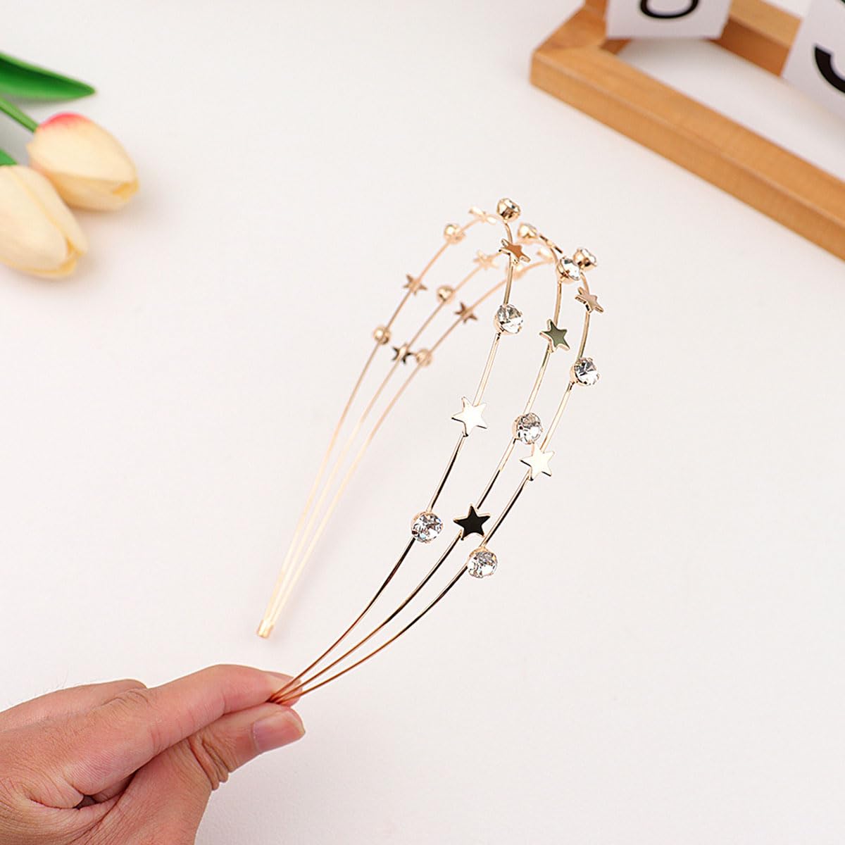 scicent Hair Bands Star Headband Metal Three Layer Hairband Rhinestones Hair Hoop Faux Sparkly Diamond Bridal Head Bands Gold Wedding Hair Accessories for Women Girls - Image 4