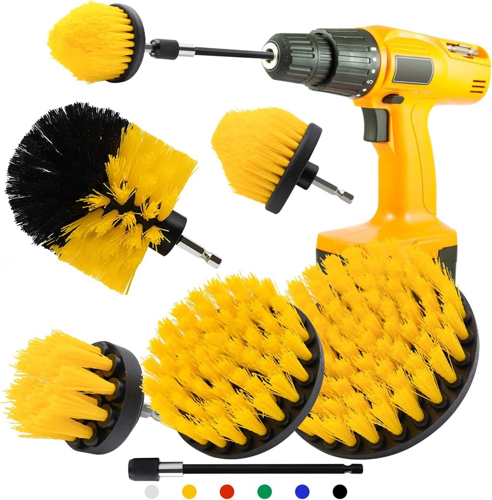 Drill Brush Attachment Set, Power Cleaning Scrub Brush, Drill Scrub Brush, All Purpose Drill Brushes with Extend Long Attachment for Bathroom and Kitchen Surface Grout, Tub, Automotive (6 Pcs, Yellow)