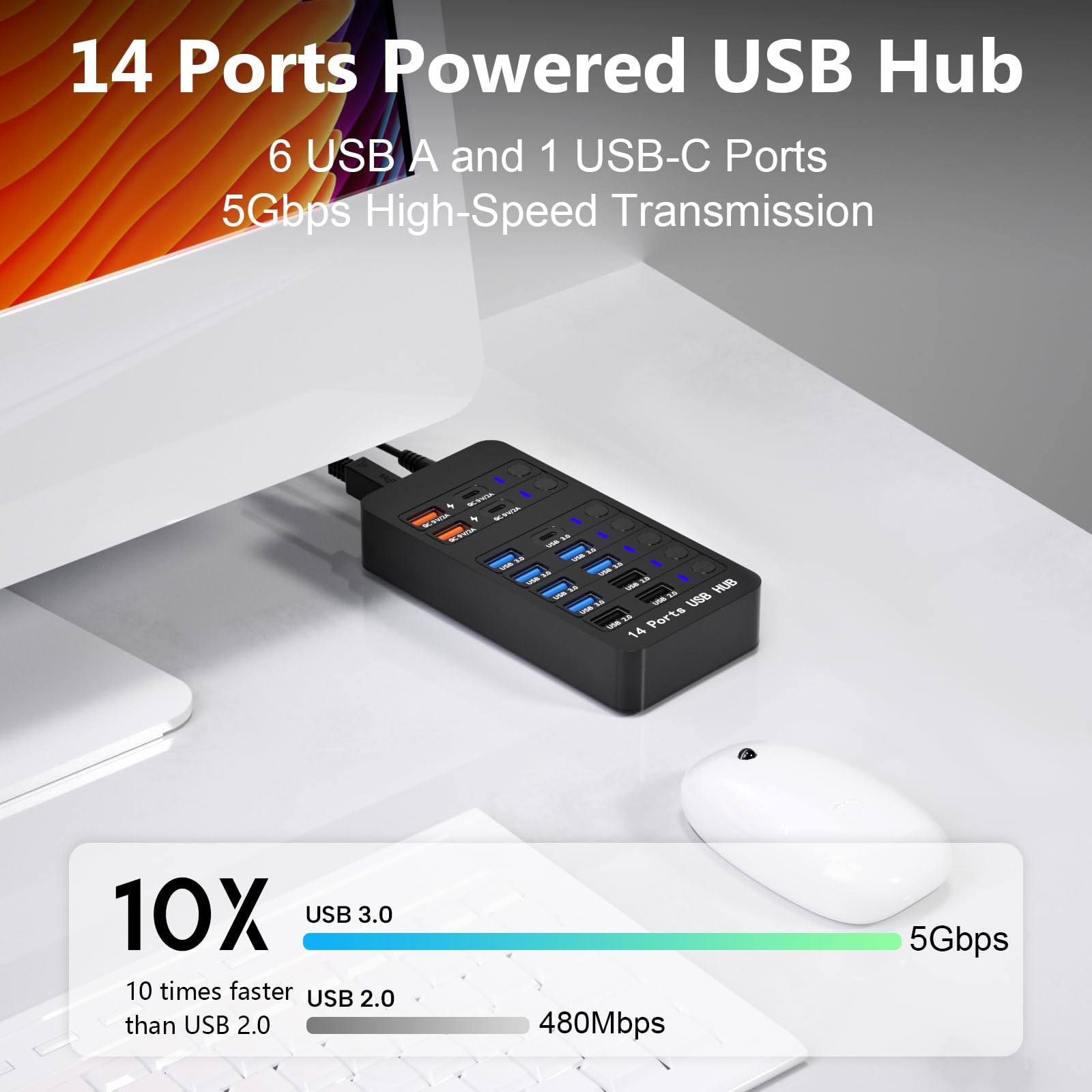 Hub USB alimentato a 14 porte con 6 porte USB 3.0, 4 porte di ricarica, 1 porta dati USB-C 3.0 e 1 porta di ricarica PD da 60 W con interruttori on/off LED per MacBook, laptop e PC
