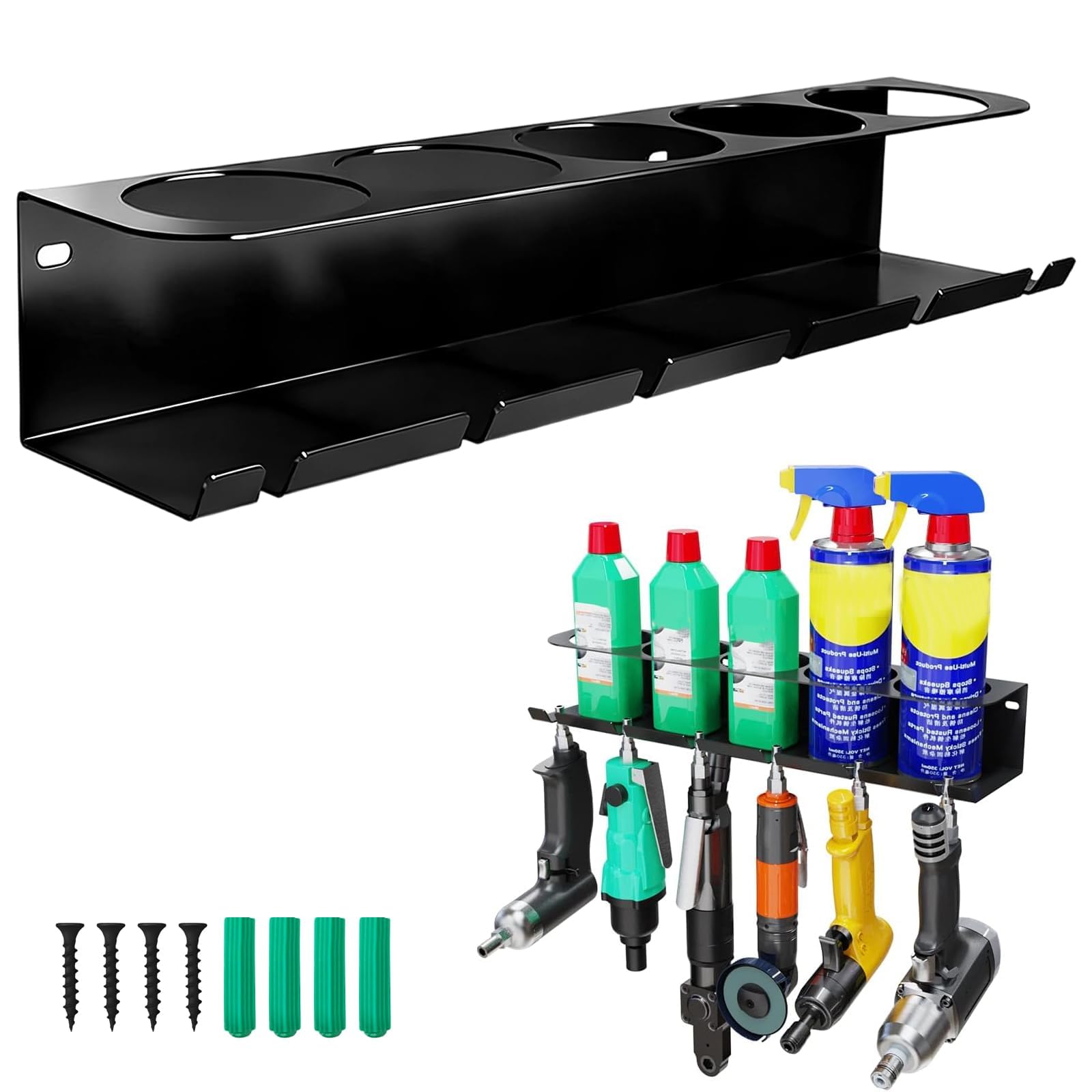 PARFCO Porta bombolette spray 43 cm, 5 fori, da parete, nero, con 6 fessure da 8 mm, per officina, casa, bar