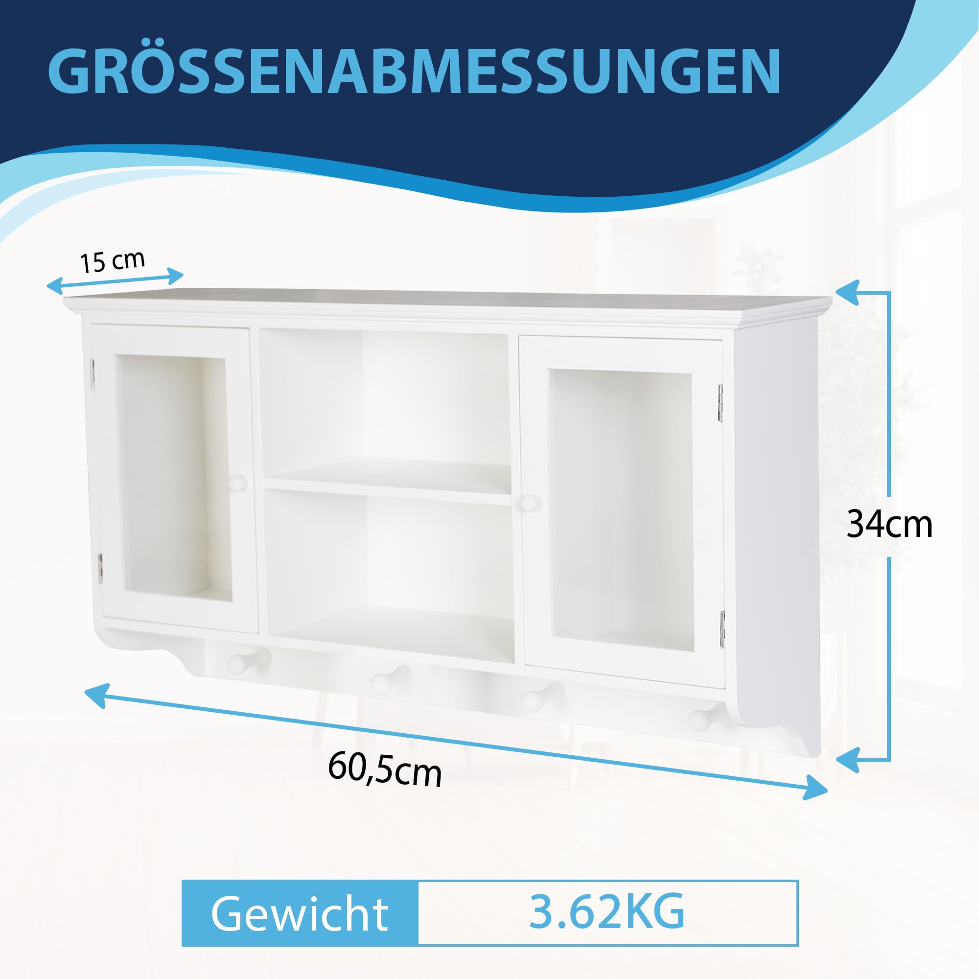 DRULINE Mała szafka wisząca, szafka ścienna, witryna, szafka kuchenna, szafka łazienkowa, białe drewno, akryl, (szer. x wys. x głęb.) ok. 60 x 34 x 15 cm