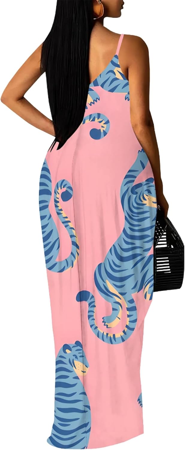 Women's Plus Size Summer Dresses Spaghetti Print Midi Dresses Long Loose Sundresses - Image 2