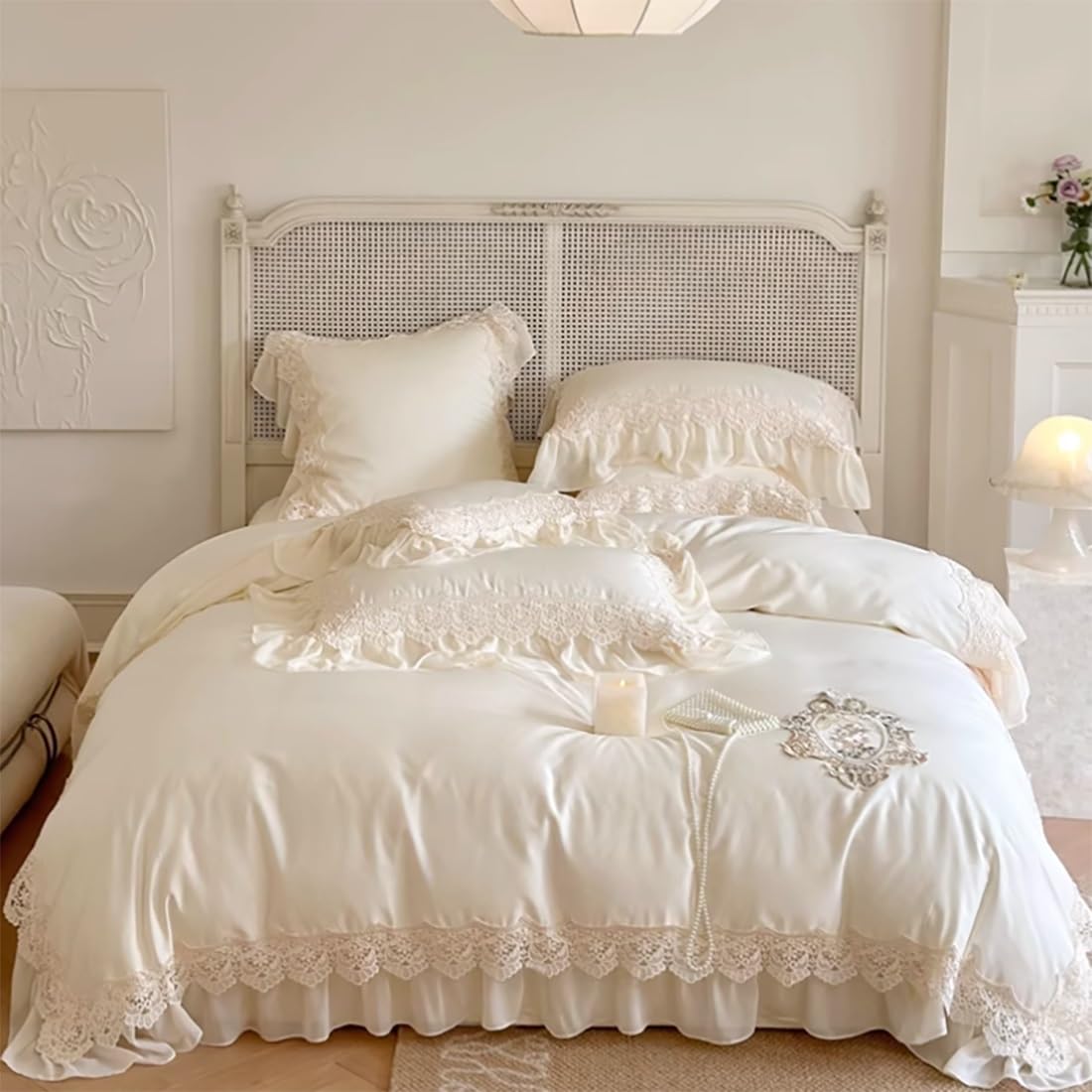 Amazon.co.jp: ヴィンテージシックなフリルレースベッドスプレッド