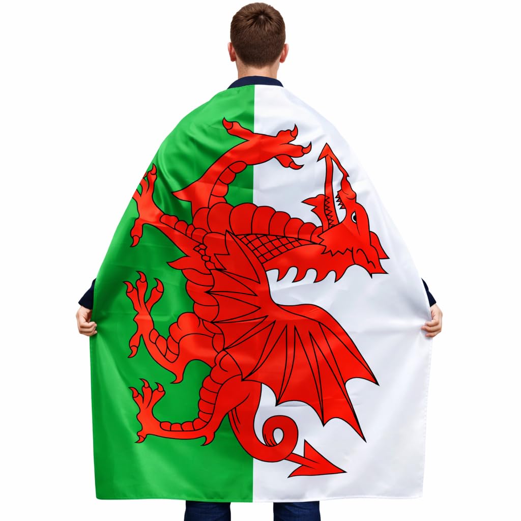 Welsh Cape Flag Wearable - Large Fabric Banner 5ft x 3ft Wales Dragon Fancy Dress for Welsh Supporters Fans Mens Ladies St David's Day 6 Nations Rugby Stag Hen Doos Celebration Sport