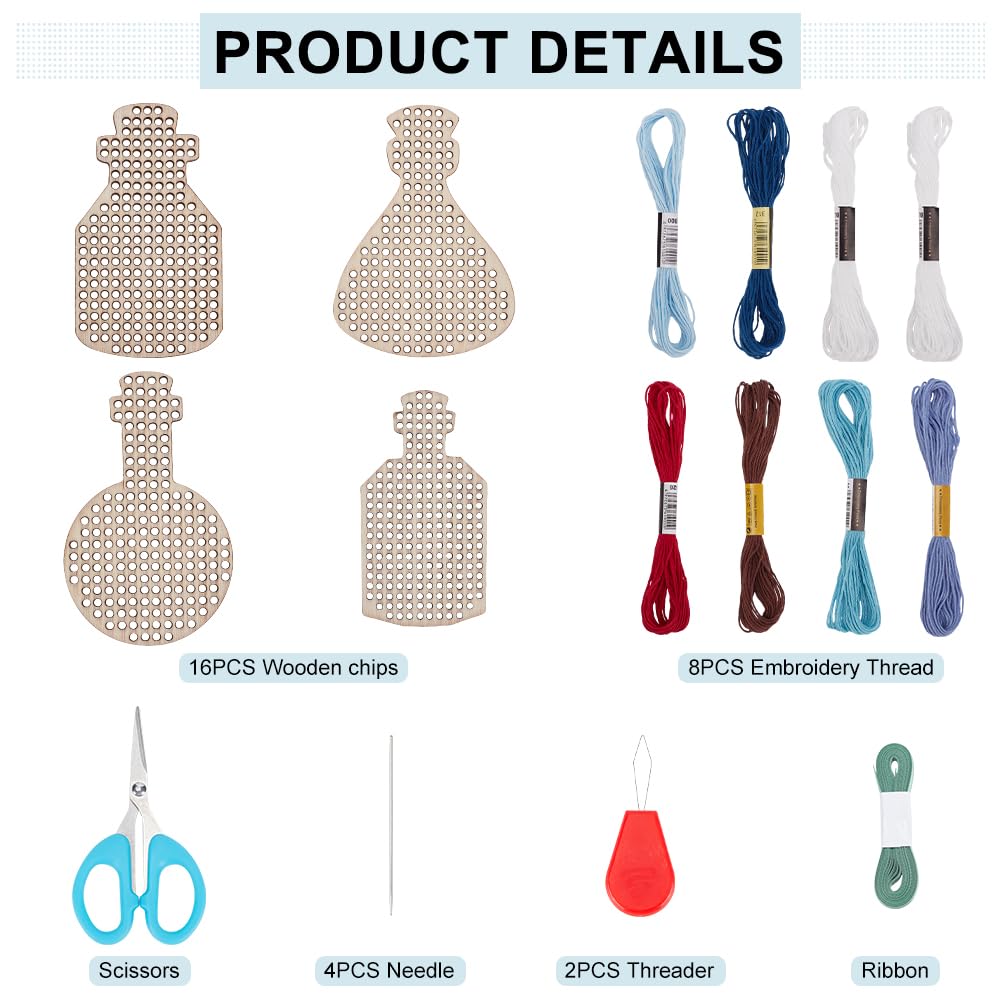 FREEBLOSS 16 Set Christmas Potion Wooden Cross Stitch Kit Hand Sewing Kits Arts & Crafts Kit 4 Styles Embroidery Wooden Cross Stitch Blanks Set Stamped Cross Stitch Kits for Beginners