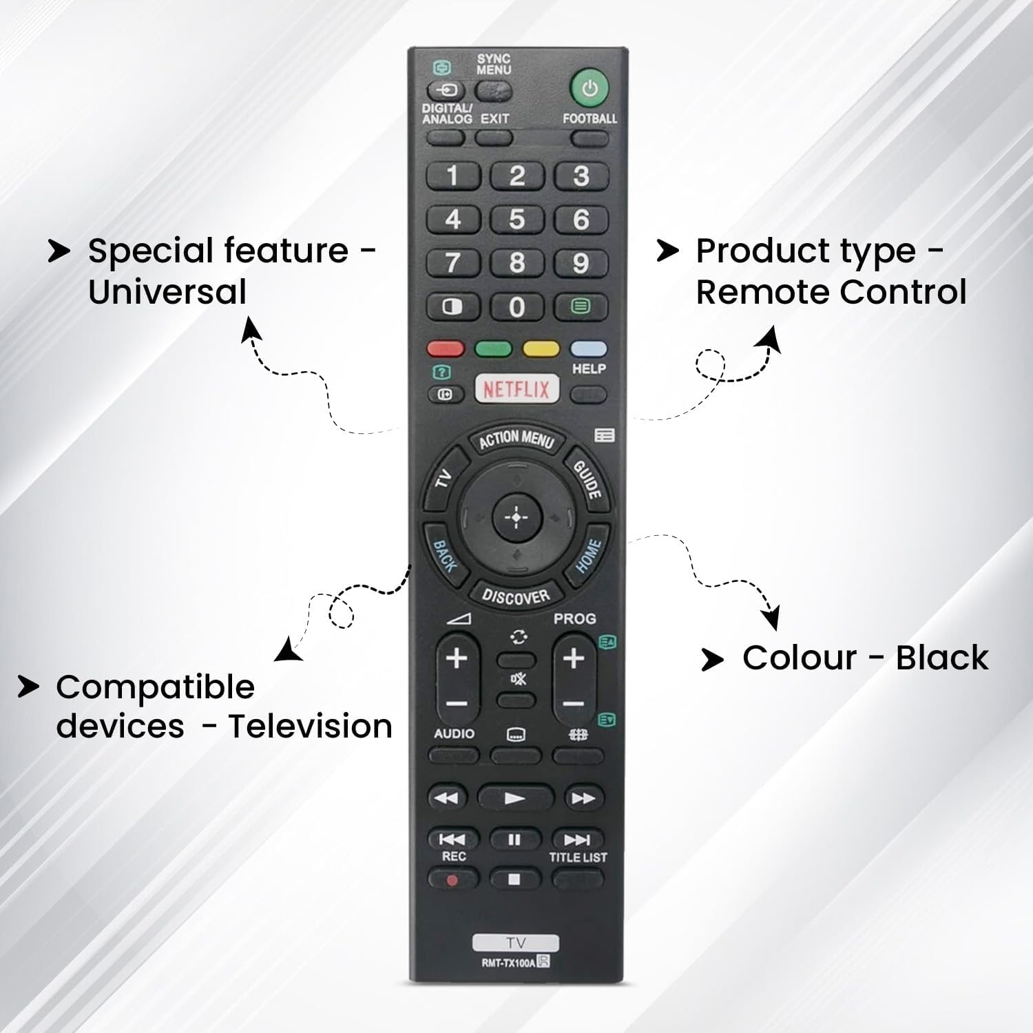 Telecomando universale di ricambio per televisori Sony, compatibile con tutti i televisori Sony (LED, LCD, plasma), ideale come telecomando di ricambio per TV con le stesse funzioni, nero (confezione