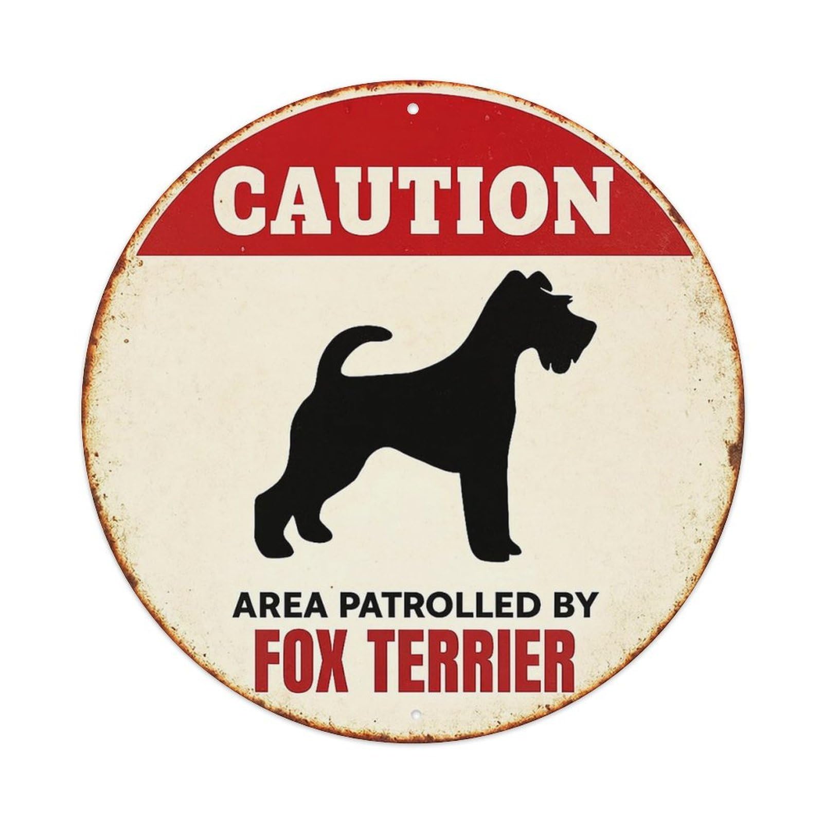 Caution Fox Terrier Patrol Sign Vintage Metal Tin Sign Retro Wall Decor for Home Bar Garage Cafe, Indoor & Outdoor Decorative，circle Metal Poster, 8x8 Inch