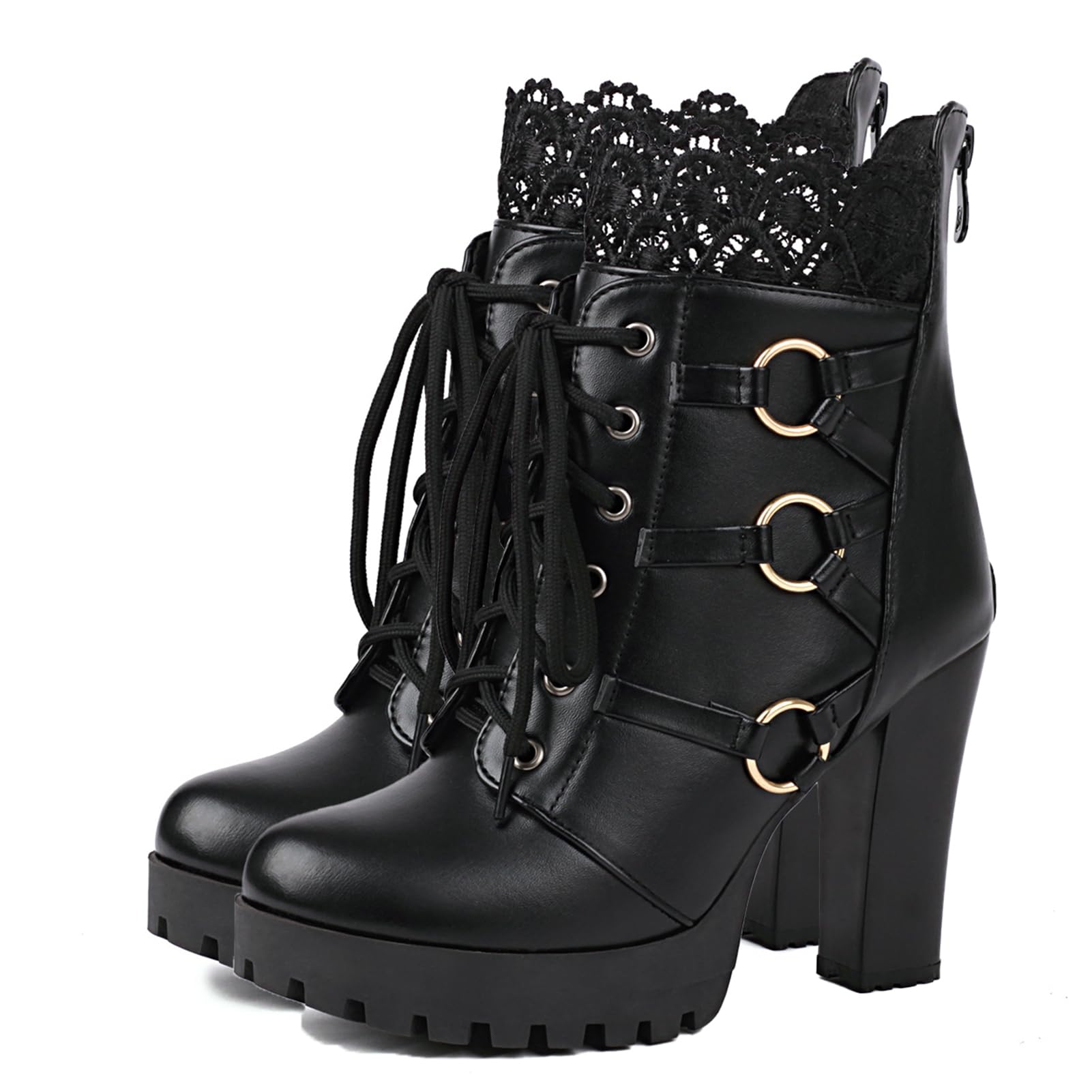 FOREADA Platform Boots For Women Black Chunky Boot Goth Ankle Booties Bead Lace Lolita Dress Shoes With Zipper
