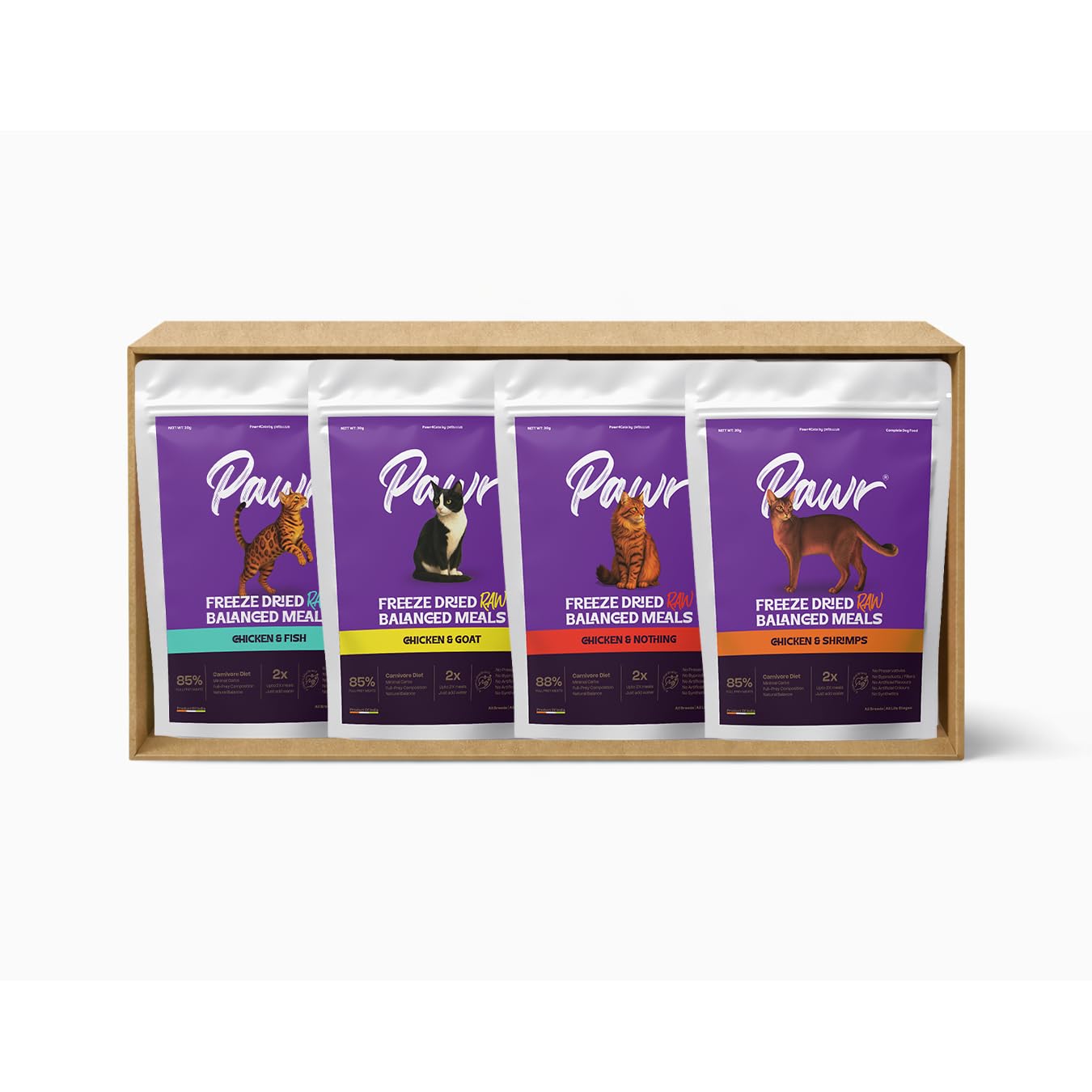 Pawr4Cats | Freeze-Dried Balanced Meals | 4 Recipes Combo | Bio-Appropriate and Raw Nutrition | High Protein - Low Carb Recipe | 2X Meals by Adding Water | 30gms X 12 Packs (3 of Each Recipe)